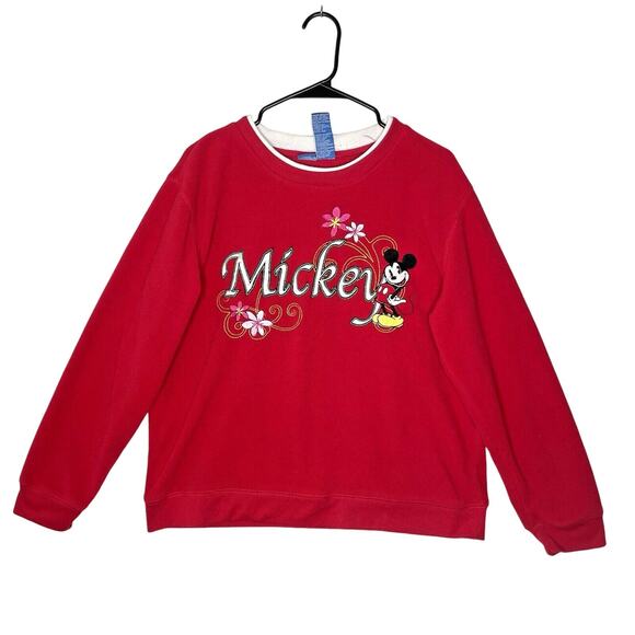 Vintage Disney Mickey Mouse Fleece Sweatshirt Red Embroidered Floral Y2K Retro L - Picture 1 of 7